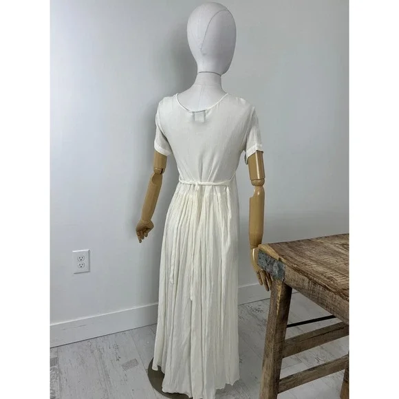 90s Button Front Maxi Tie Back Maxi Dress Grunge Pleated Fabric Size M - Picture 6 of 8